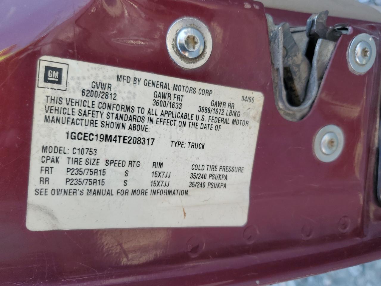 1996 Chevrolet Gmt-400 C1500 VIN: 1GCEC19M4TE208317 Lot: 71526575