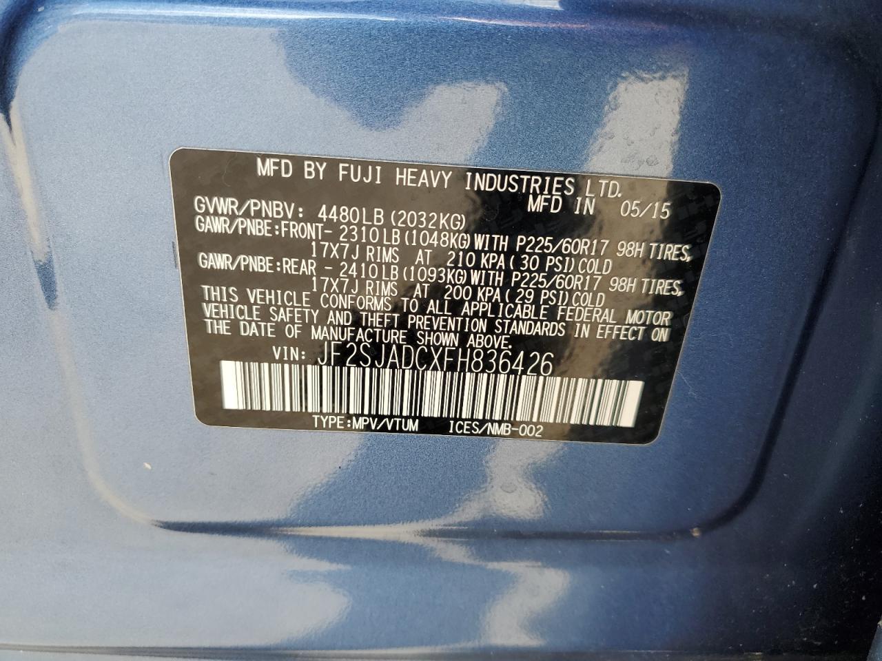 2015 Subaru Forester 2.5I Premium VIN: JF2SJADCXFH836426 Lot: 71716375