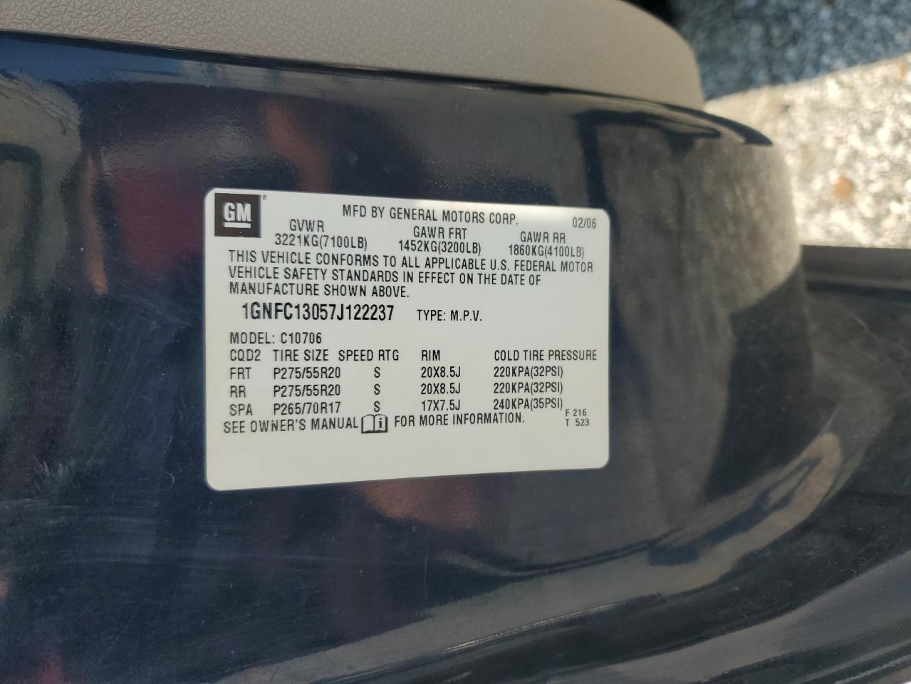 2007 Chevrolet Tahoe C1500 VIN: 1GNFC13057J122237 Lot: 81049025