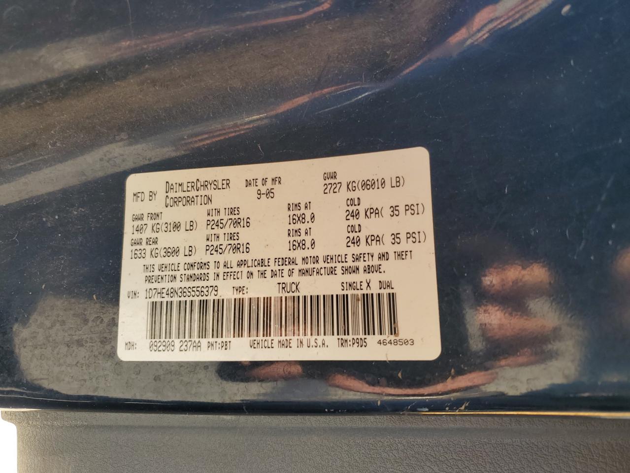 2006 Dodge Dakota Quad Slt VIN: 1D7HE48N36S556379 Lot: 81692105