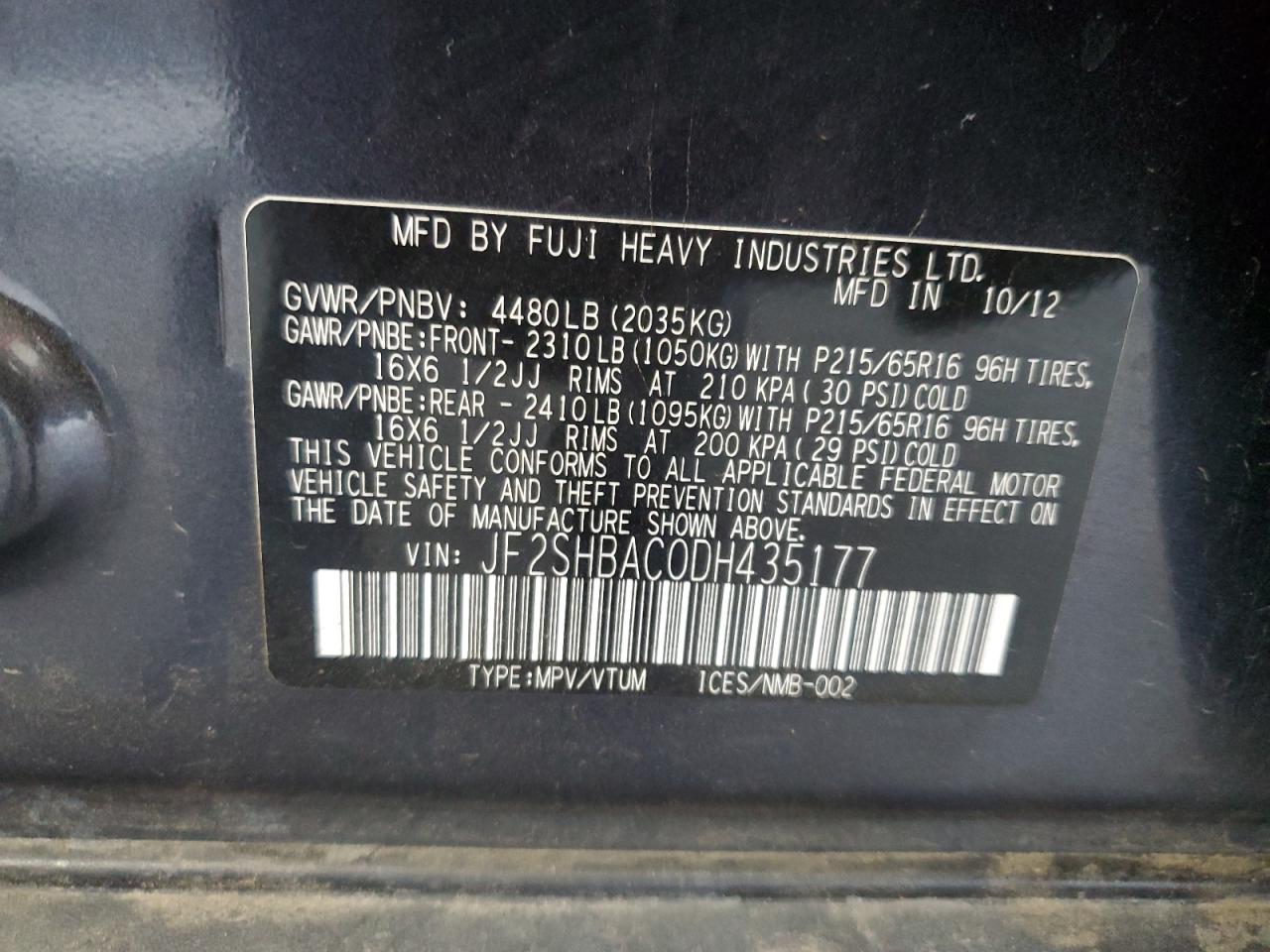 2013 Subaru Forester 2.5X VIN: JF2SHBAC0DH435177 Lot: 81730995