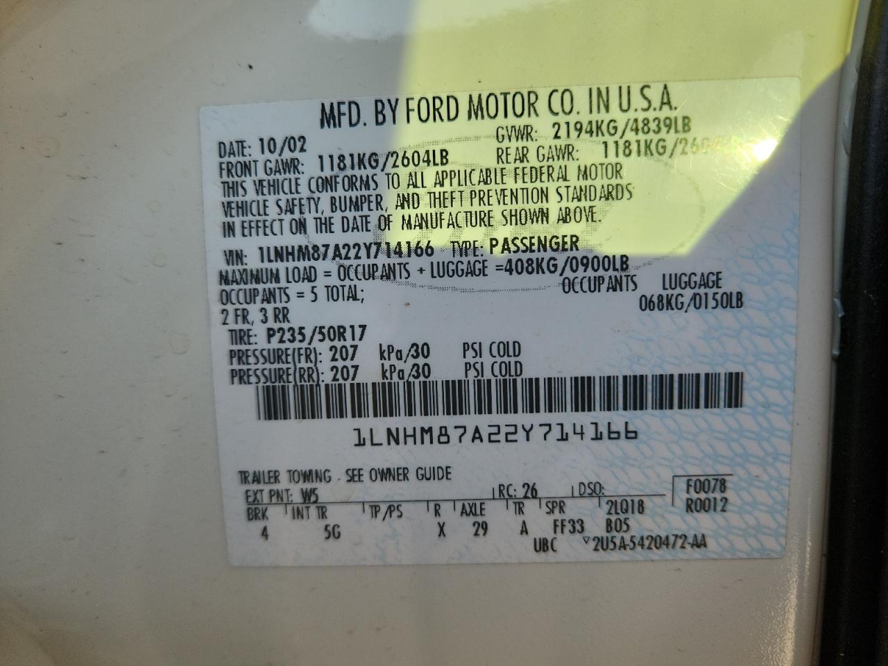 2002 Lincoln Ls VIN: 1LNHM87A22Y714166 Lot: 71815355