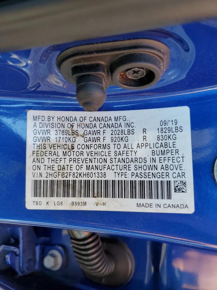 2019 Honda Civic Sport VIN: 2HGFC2F82KH601338 Lot: 80691835