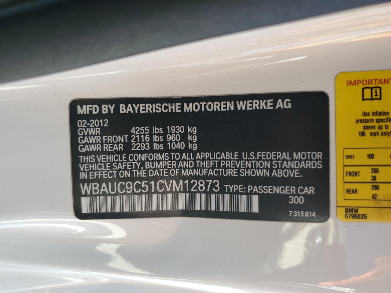 2012 BMW 135 I VIN: WBAUC9C51CVM12873 Lot: 80400775