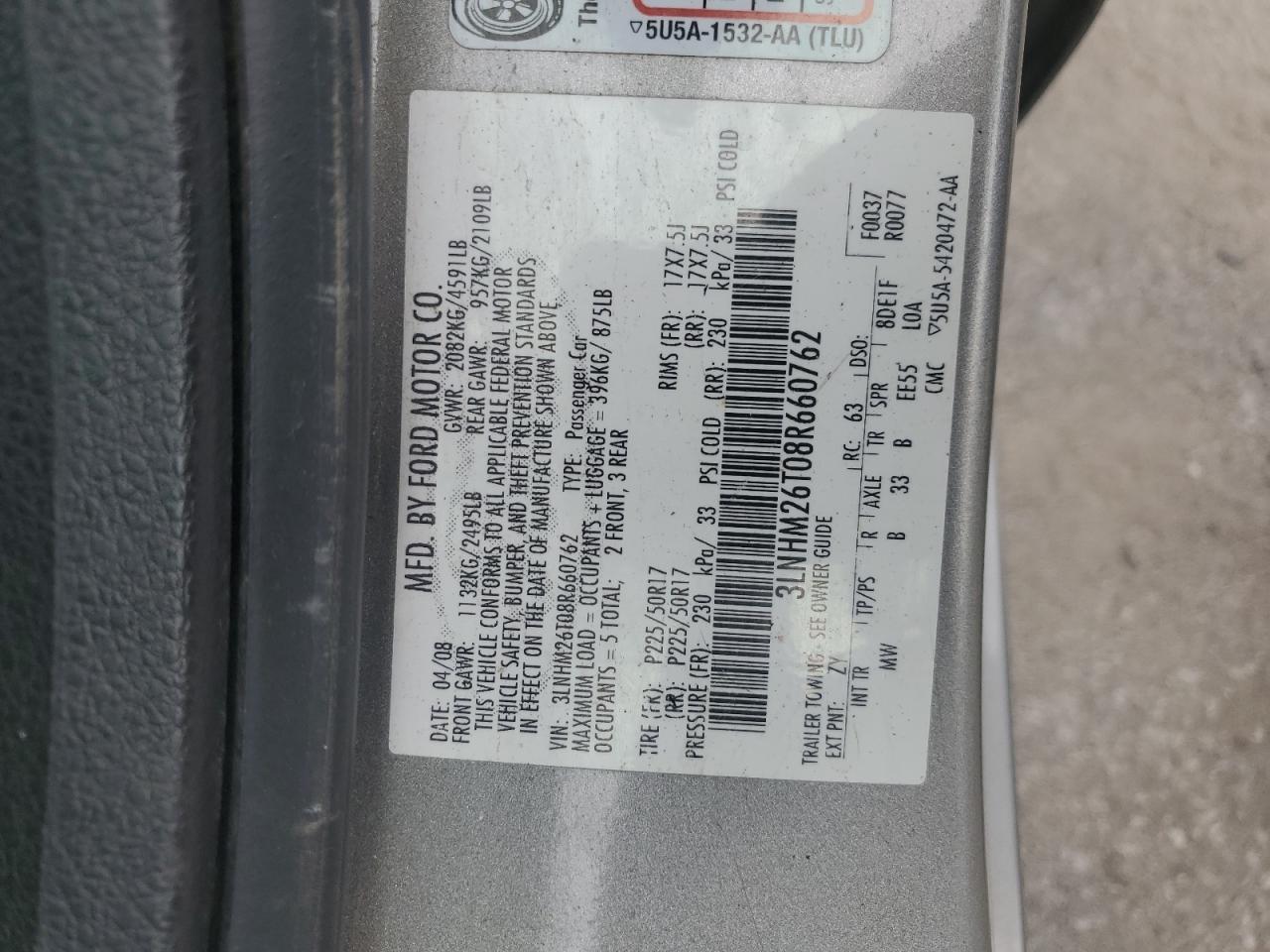 2008 Lincoln Mkz VIN: 3LNHM26T08R660762 Lot: 84895035