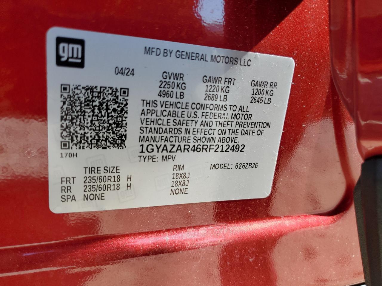 2024 Cadillac Xt4 Luxury VIN: 1GYAZAR46RF212492 Lot: 81321585