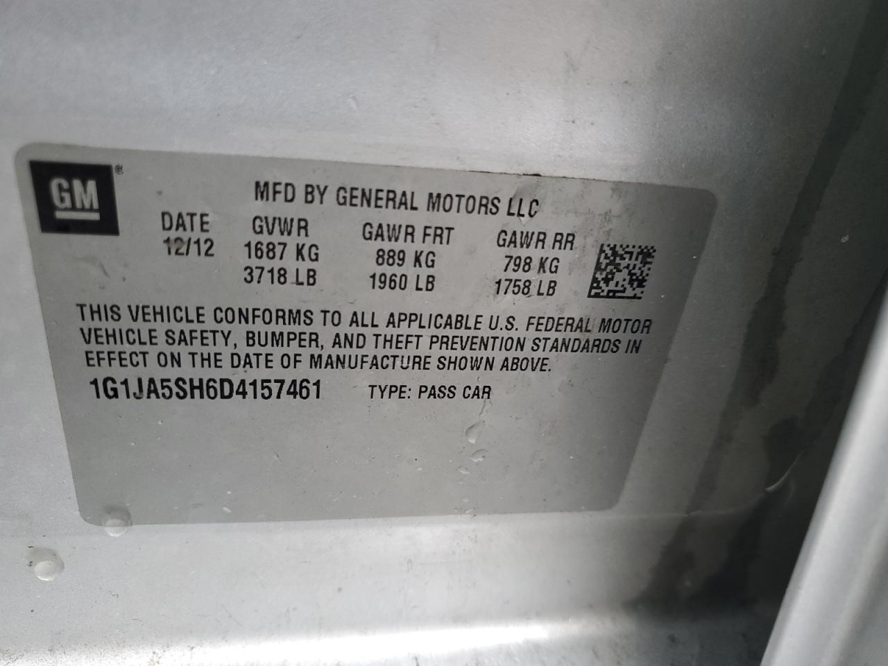 2013 Chevrolet Sonic Ls VIN: 1G1JA5SH6D4157461 Lot: 70907345