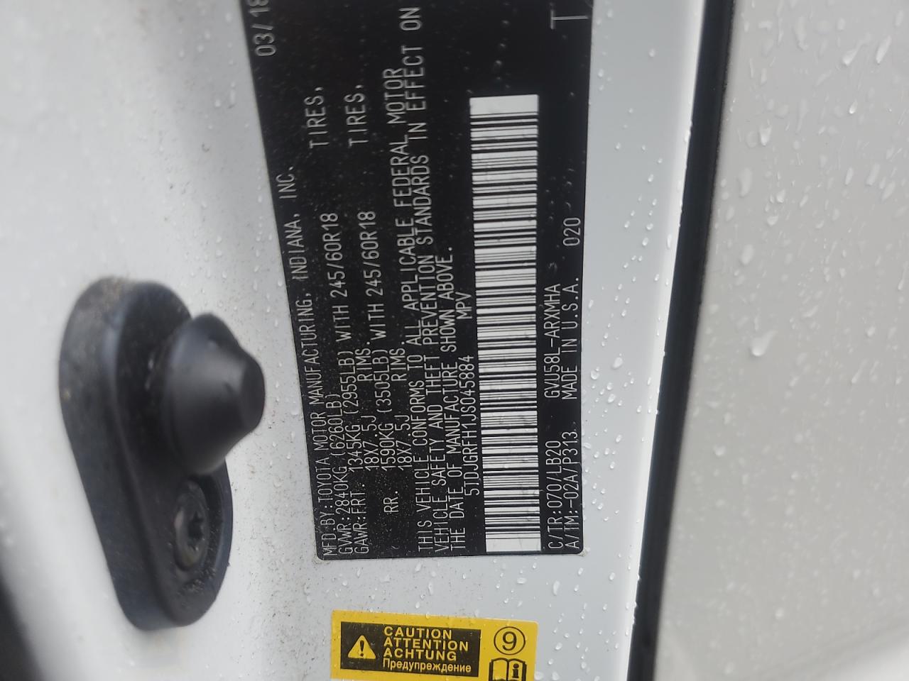 2018 Toyota Highlander Hybrid VIN: 5TDJGRFH1JS045884 Lot: 84020105