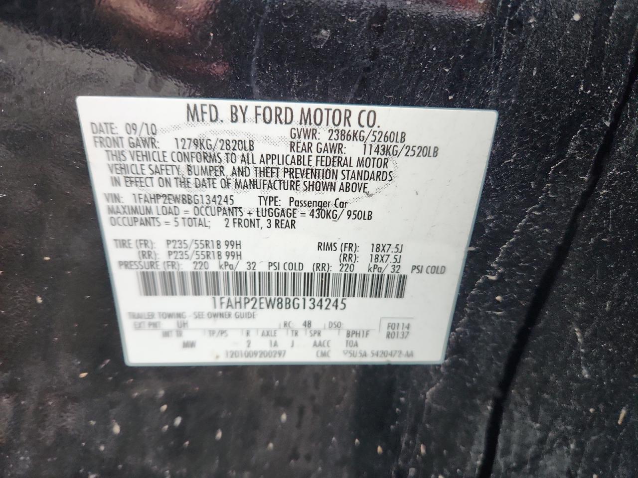 2011 Ford Taurus Sel VIN: 1FAHP2EW8BG134245 Lot: 81955605