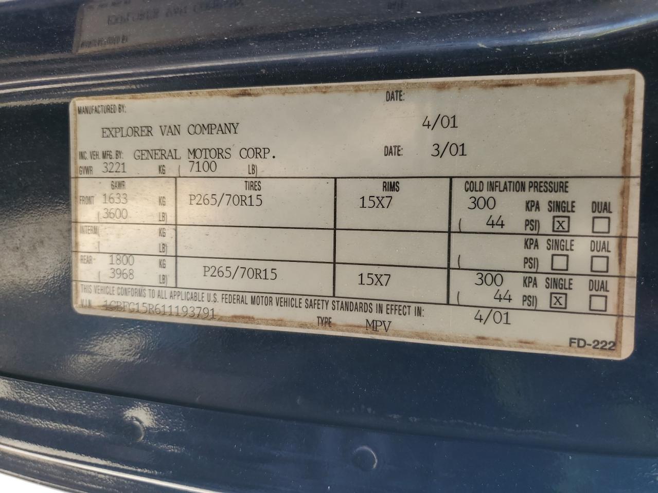 2001 Chevrolet Express G1500 VIN: 1GBFG15R611193791 Lot: 71176625