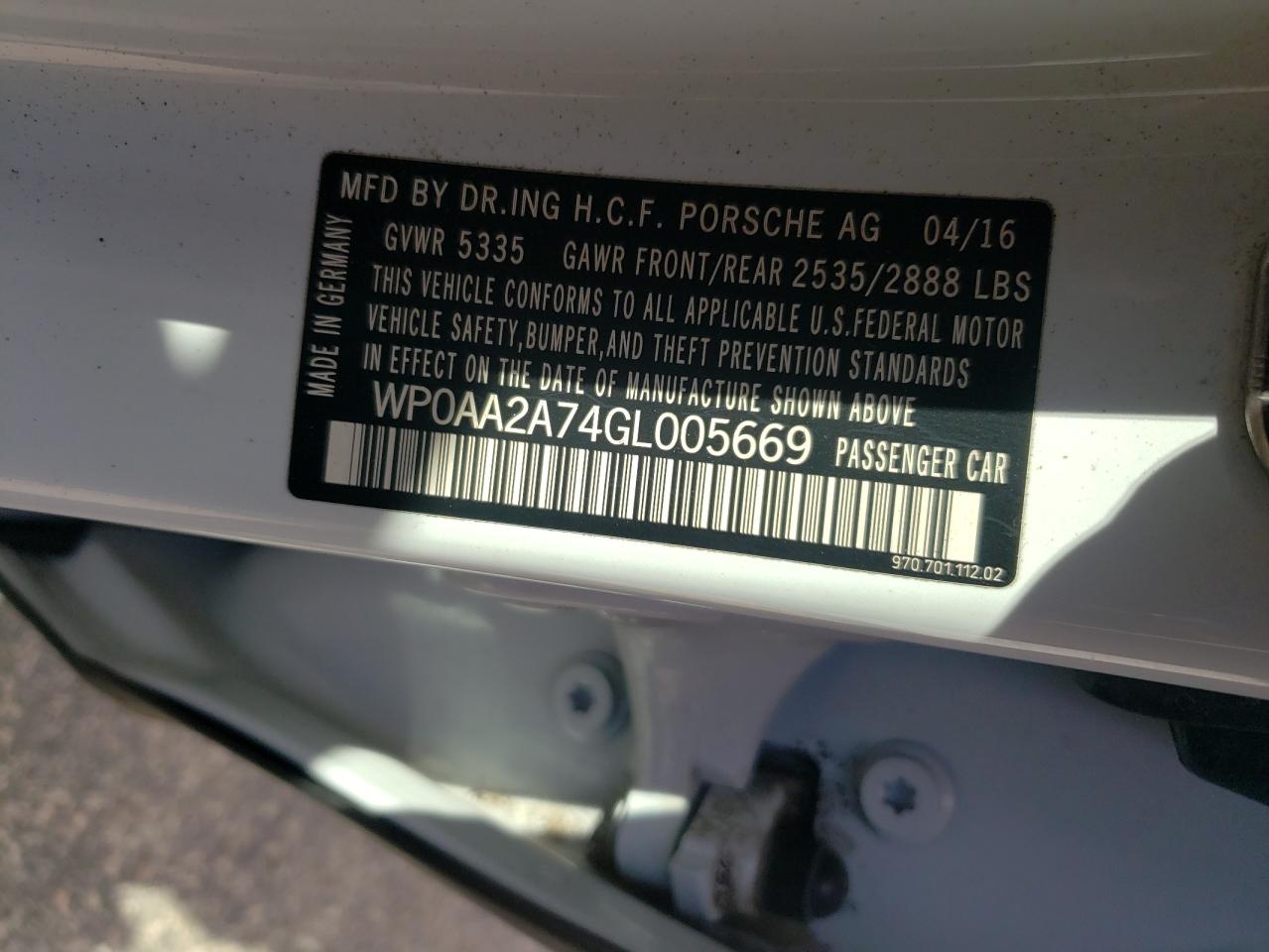 2016 Porsche Panamera 2 VIN: WP0AA2A74GL005669 Lot: 81424535