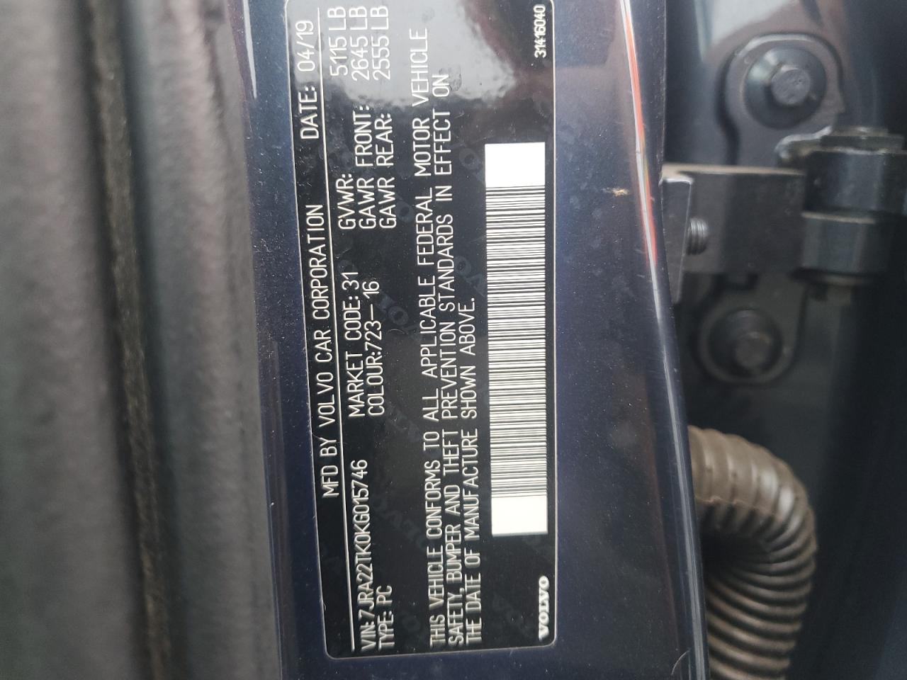 2019 Volvo S60 T6 Momentum VIN: 7JRA22TK0KG015746 Lot: 81869325