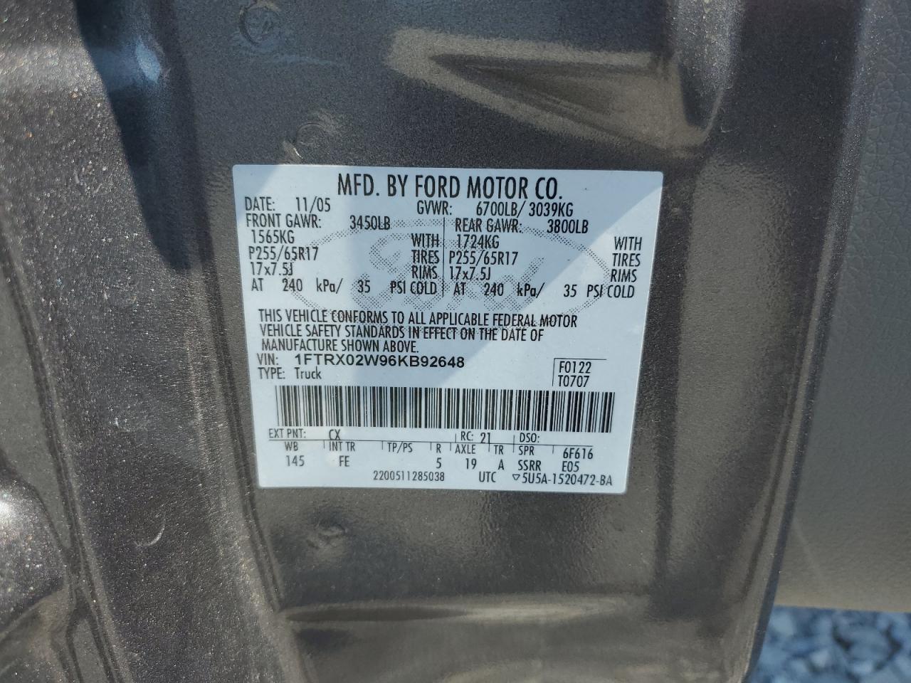 2006 Ford F150 VIN: 1FTRX02W96KB92648 Lot: 71366975