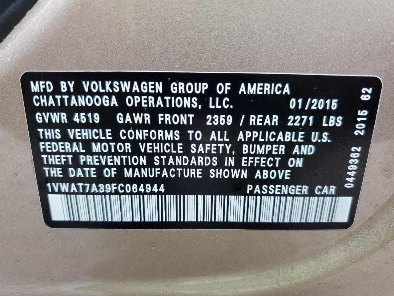 2015 Volkswagen Passat S VIN: 1VWAT7A39FC064944 Lot: 83930525