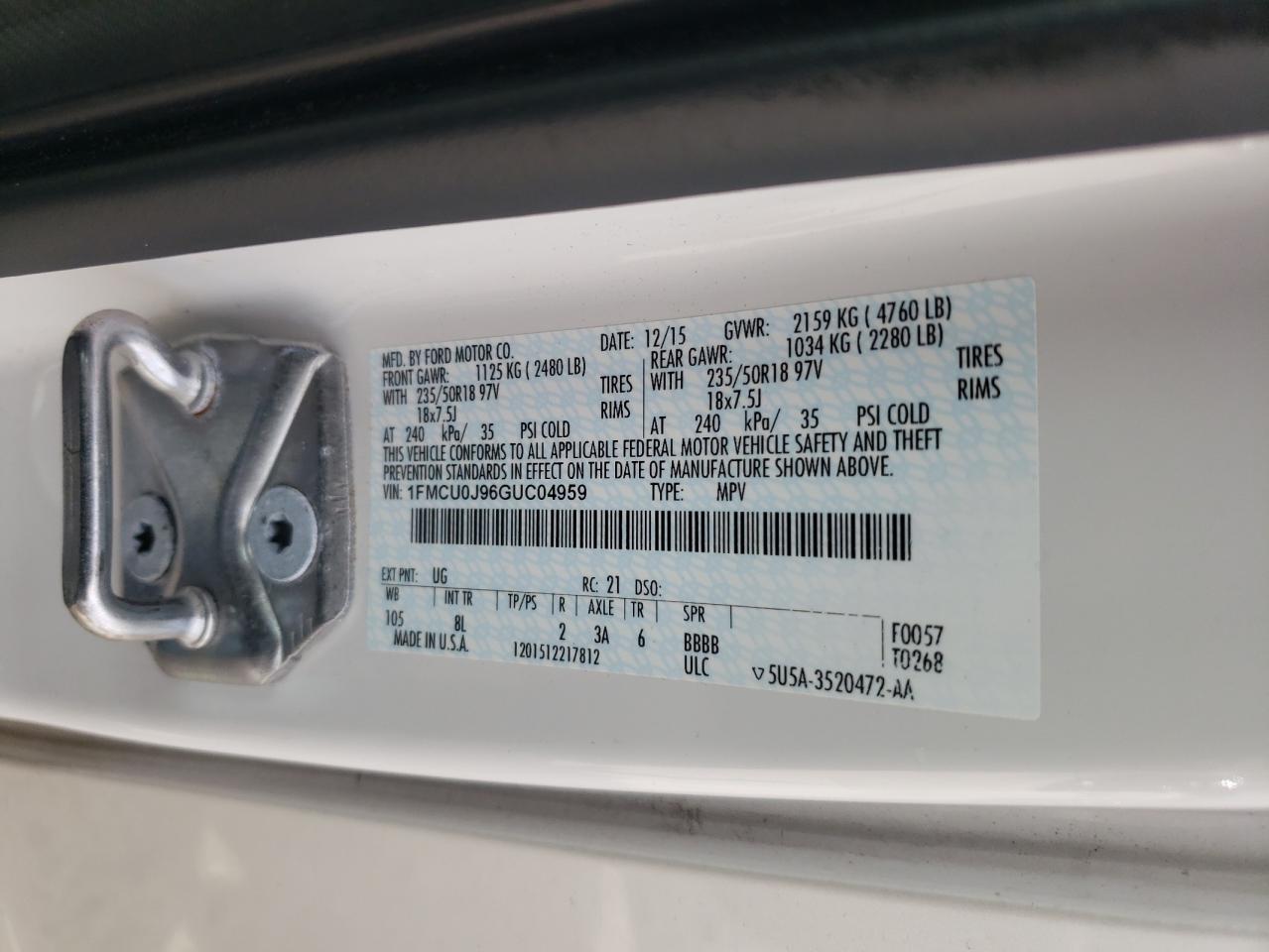 2016 Ford Escape Titanium VIN: 1FMCU0J96GUC04959 Lot: 81827575