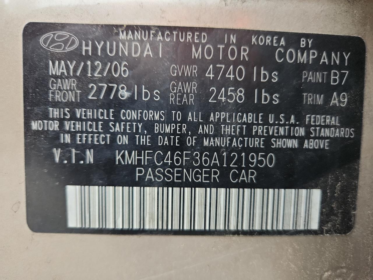 2006 Hyundai Azera Se VIN: KMHFC46F36A121950 Lot: 71303815