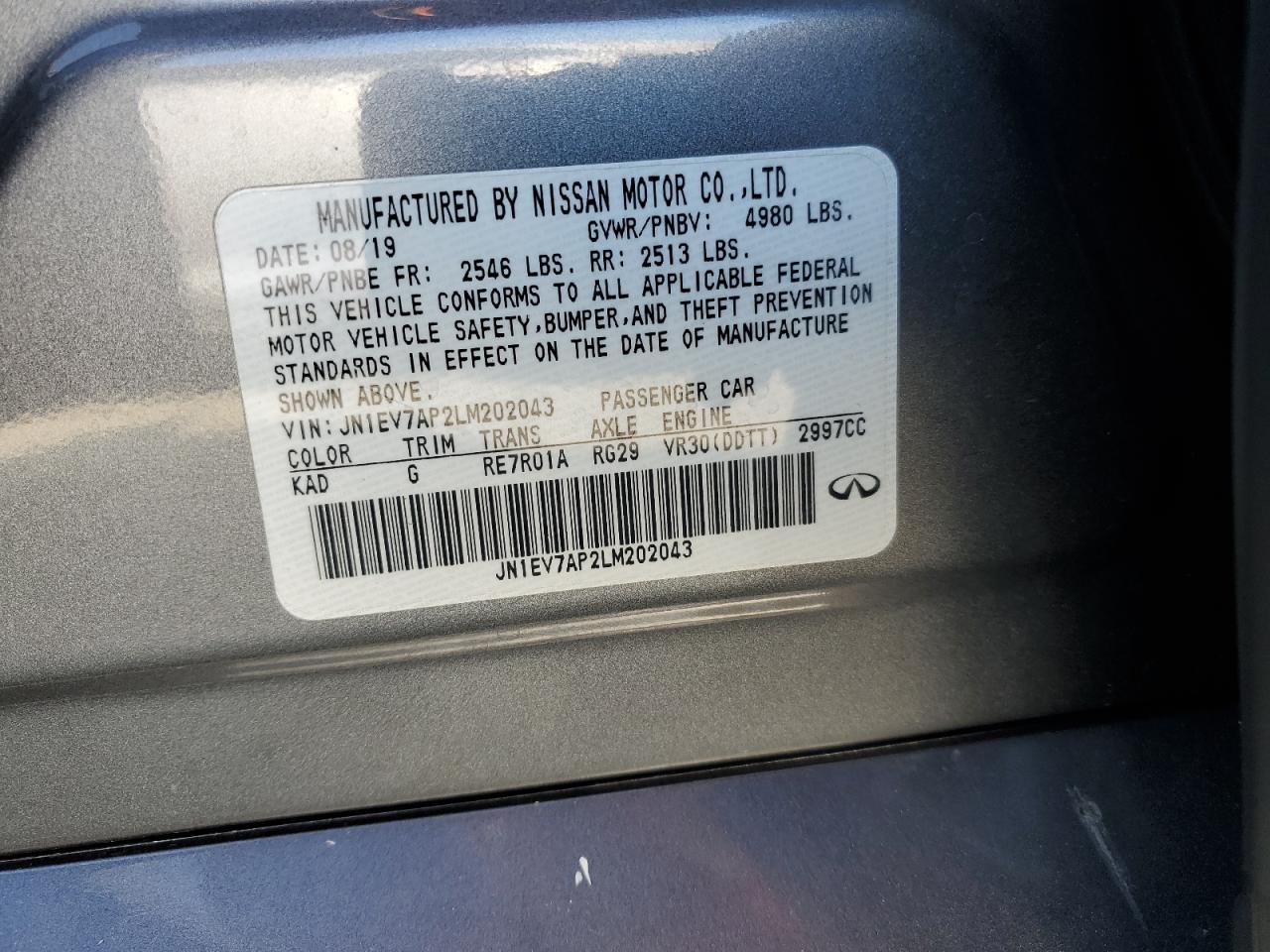 2020 Infiniti Q50 Pure VIN: JN1EV7AP2LM202043 Lot: 80577545