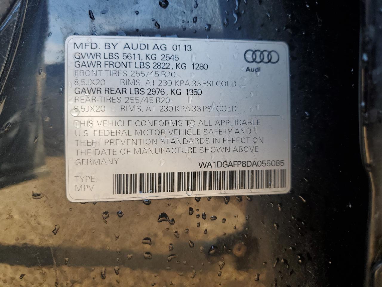 2013 Audi Q5 Premium Plus VIN: WA1DGAFP8DA055085 Lot: 81072205