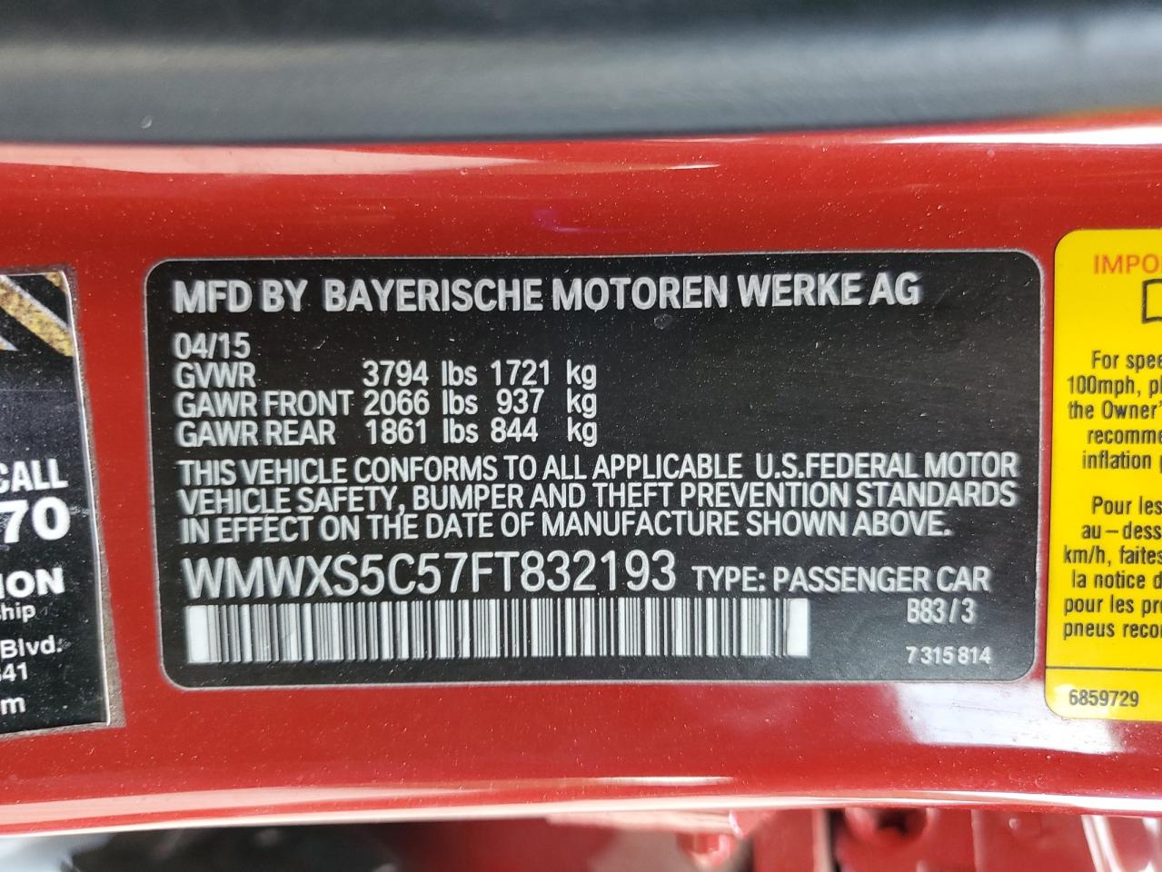 2015 Mini Cooper VIN: WMWXS5C57FT832193 Lot: 71323035