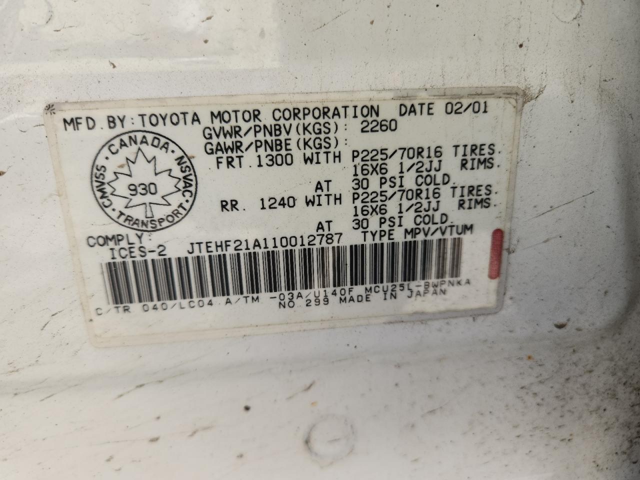 2001 Toyota Highlander VIN: JTEHF21A110012787 Lot: 70409035