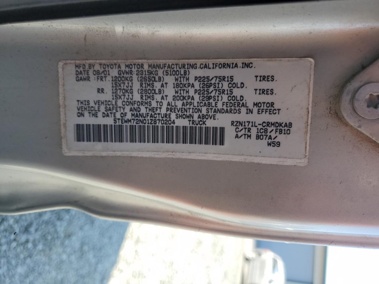 2001 Toyota Tacoma Xtracab VIN: 5TEWM72N01Z870204 Lot: 80010615