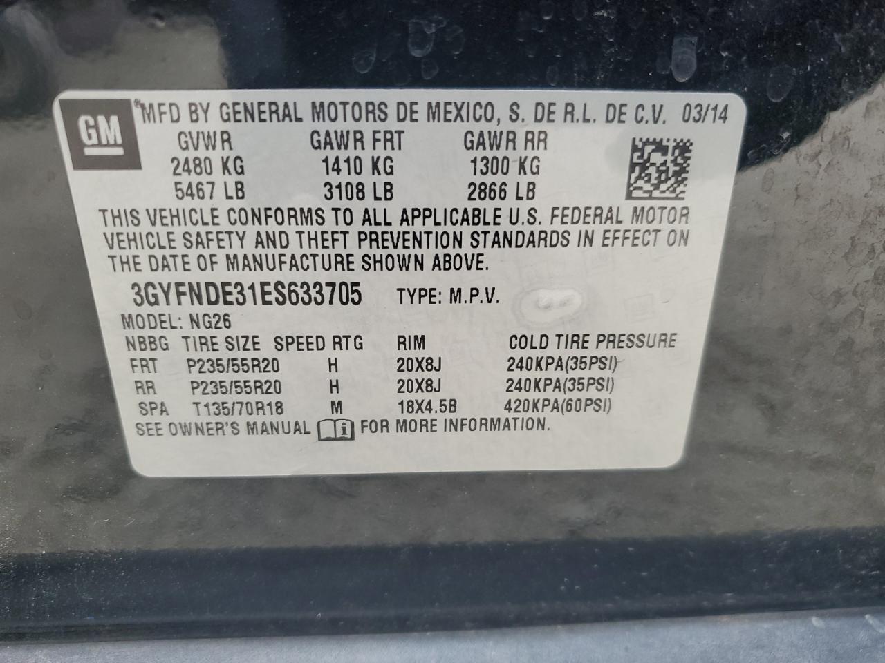 2014 Cadillac Srx Premium Collection VIN: 3GYFNDE31ES633705 Lot: 84275385