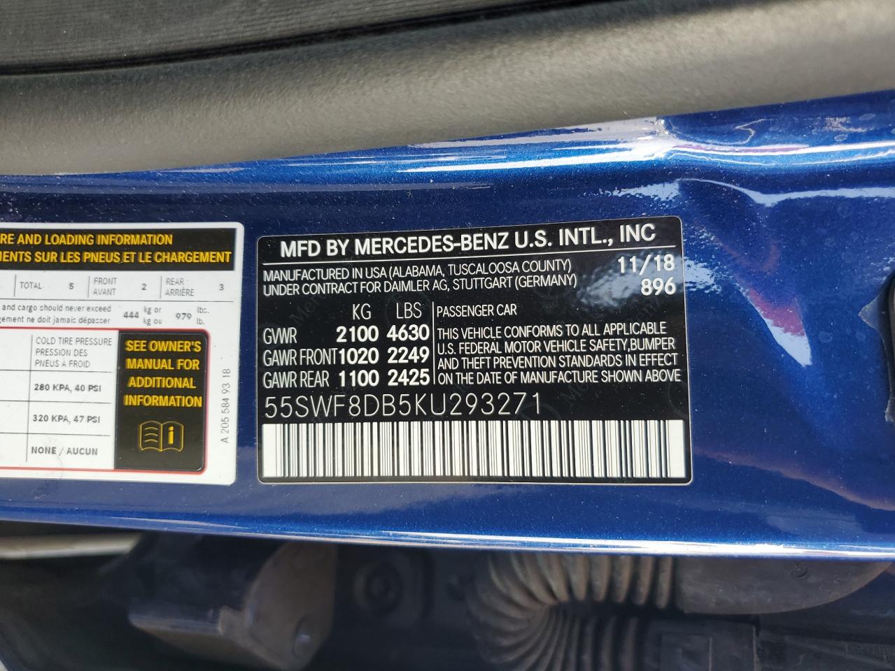 2019 Mercedes-Benz C 300 VIN: 55SWF8DB5KU293271 Lot: 84232805
