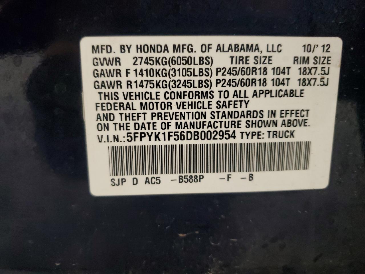 2013 Honda Ridgeline Rtl VIN: 5FPYK1F56DB002954 Lot: 80740215