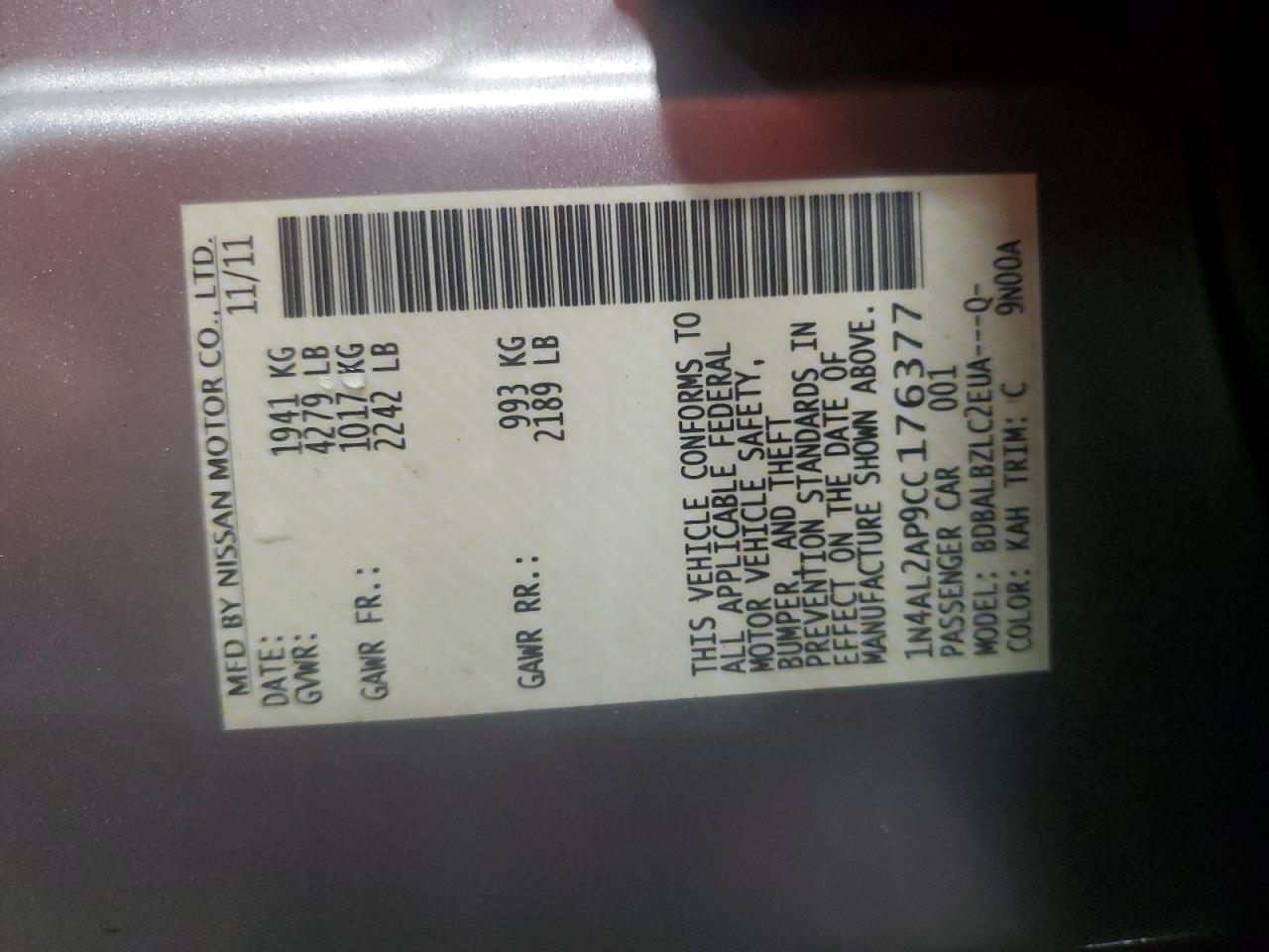 2012 Nissan Altima Base VIN: 1N4AL2AP9CC176377 Lot: 81669835