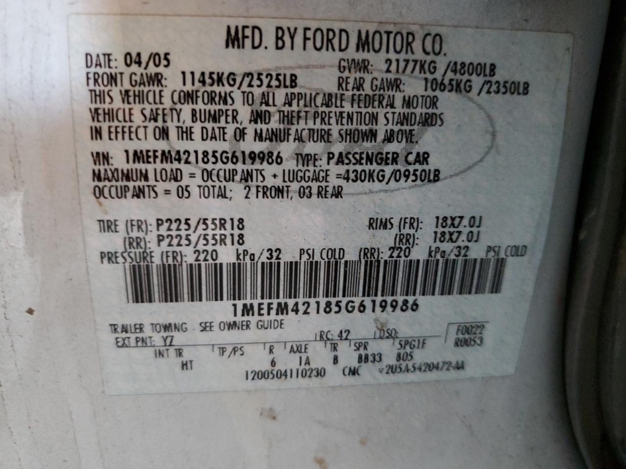 2005 Mercury Montego Premier VIN: 1MEFM42185G619986 Lot: 81115455