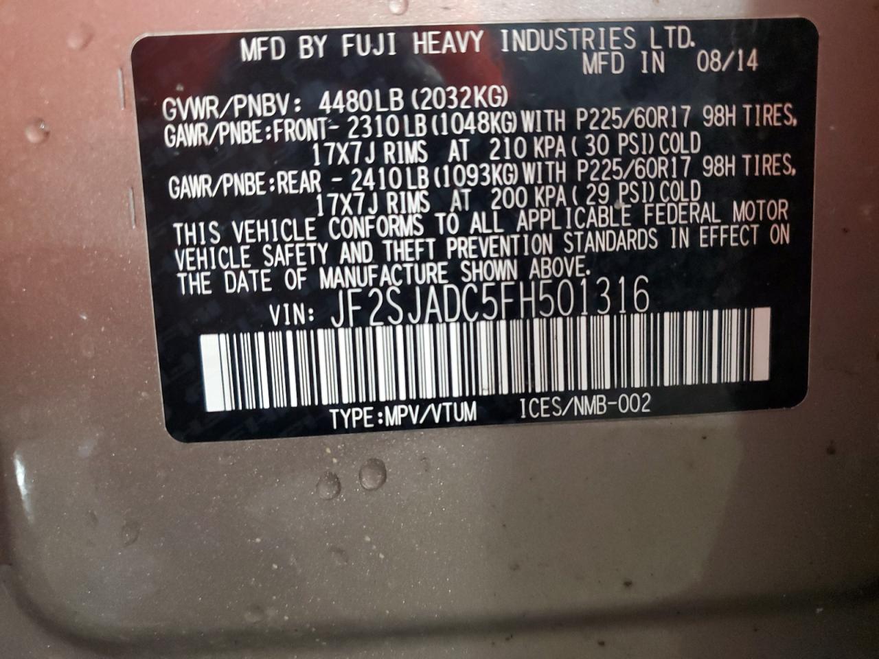 2015 Subaru Forester 2.5I Premium VIN: JF2SJADC5FH501316 Lot: 71123775