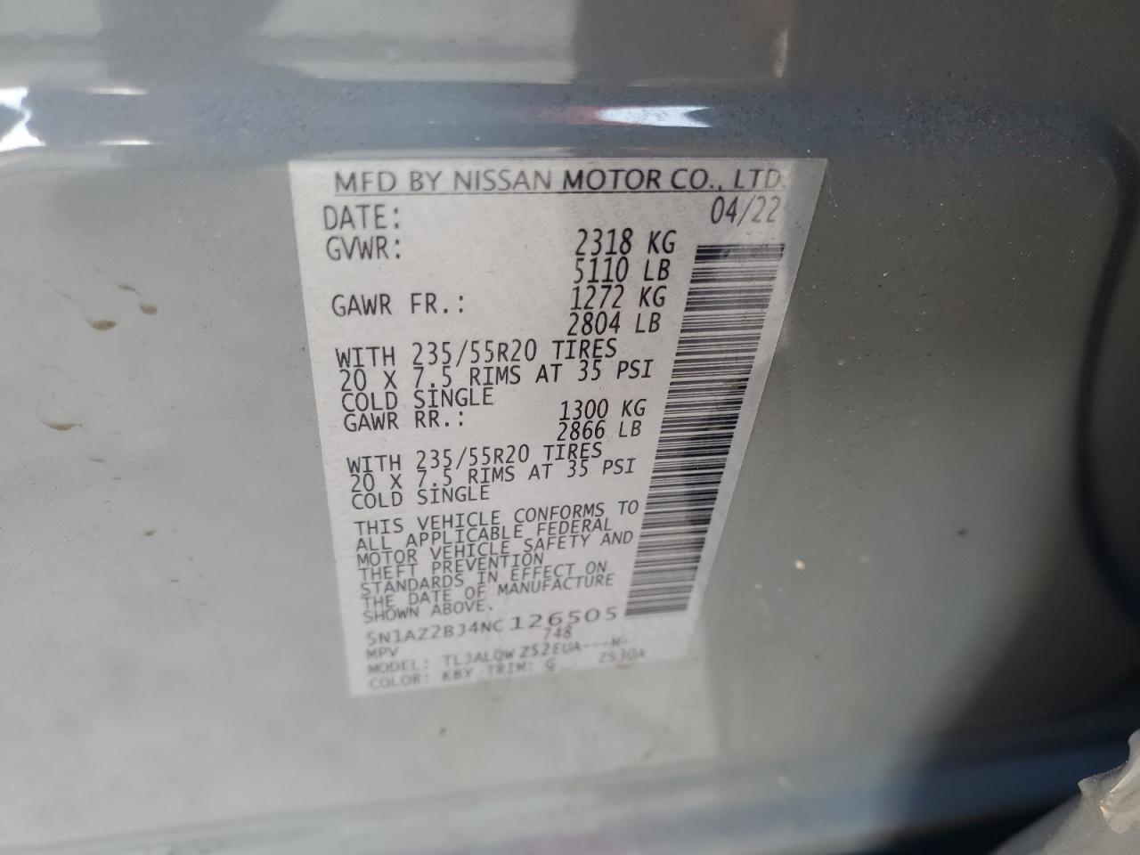 2022 Nissan Murano Sv VIN: 5N1AZ2BJ4NC126505 Lot: 81217195