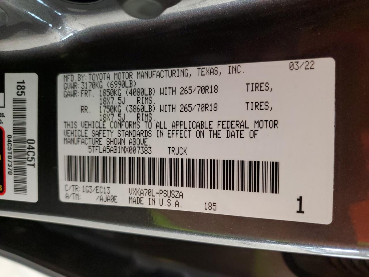 2022 Toyota Tundra Crewmax Sr VIN: 5TFLA5AB1NX007383 Lot: 71456055
