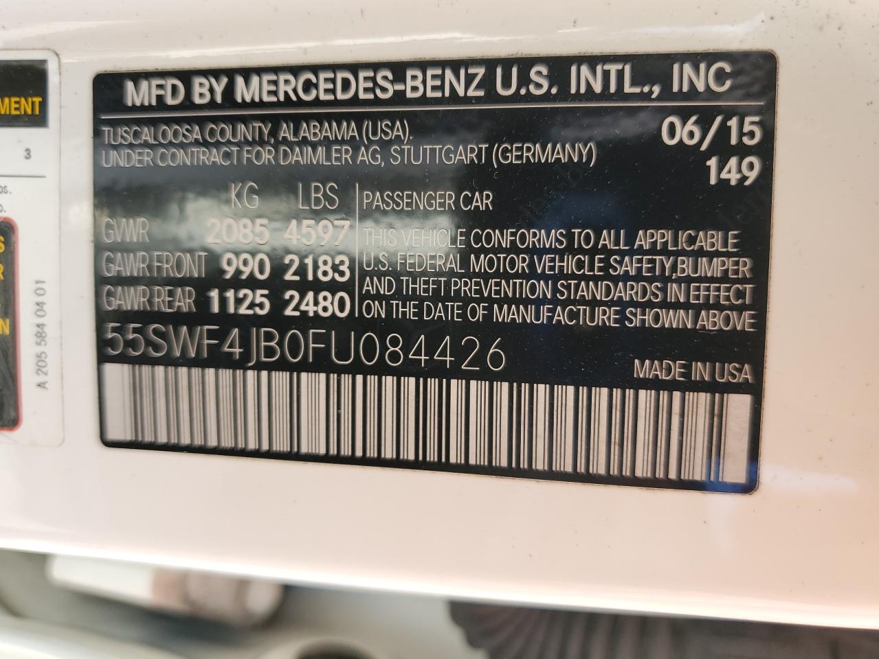 2015 Mercedes-Benz C 300 VIN: 55SWF4JB0FU084426 Lot: 80806635