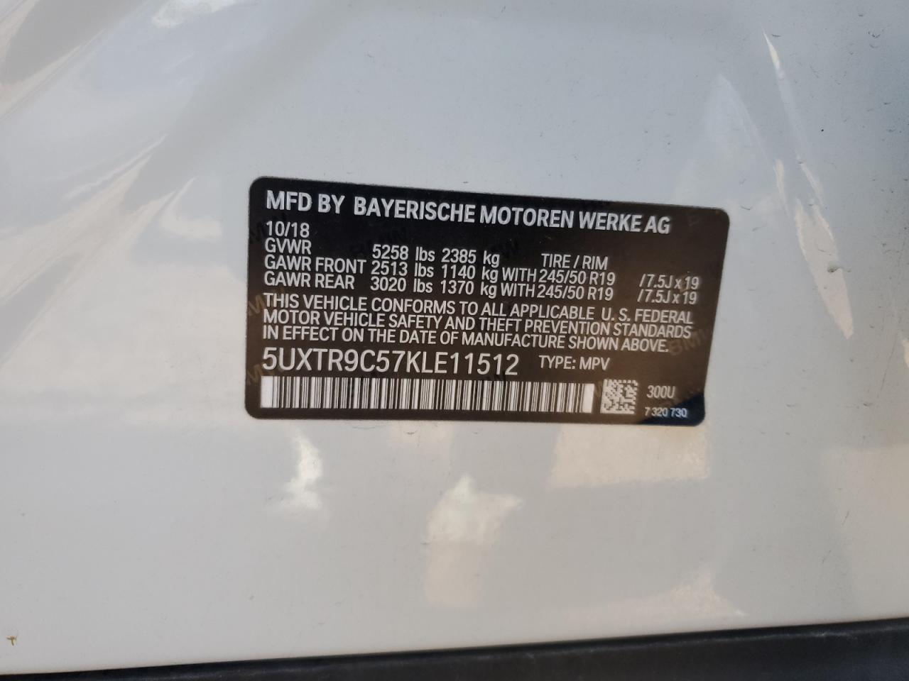 2019 BMW X3 xDrive30I VIN: 5UXTR9C57KLE11512 Lot: 83959975