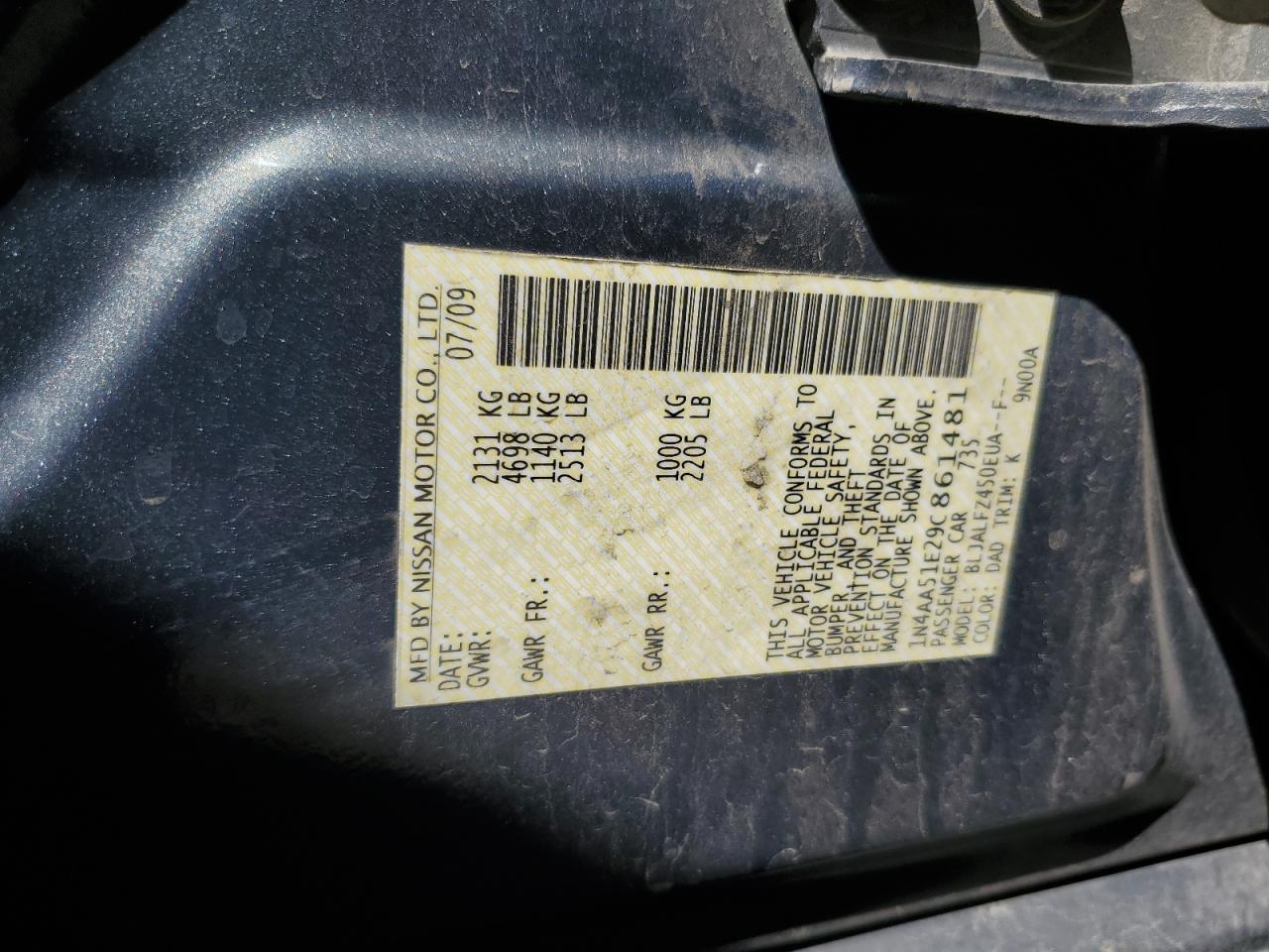 2009 Nissan Maxima S VIN: 1N4AA51E29C861481 Lot: 80406185