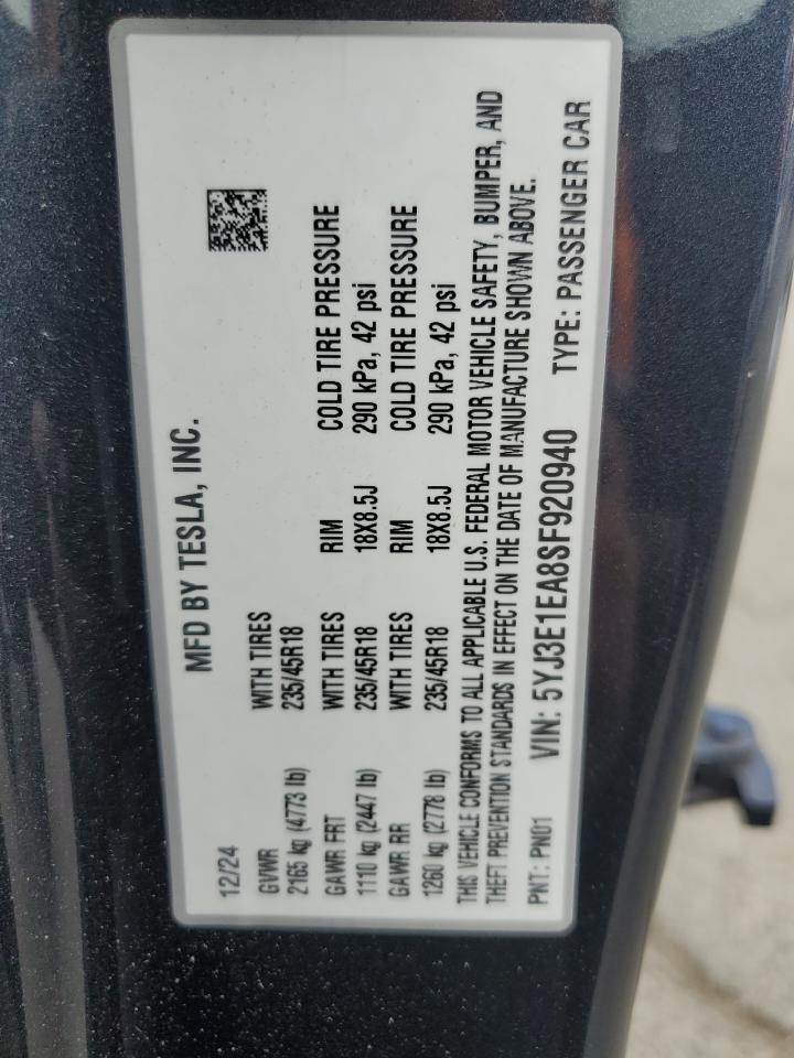 2025 Tesla Model 3 VIN: 5YJ3E1EA8SF920940 Lot: 81721015