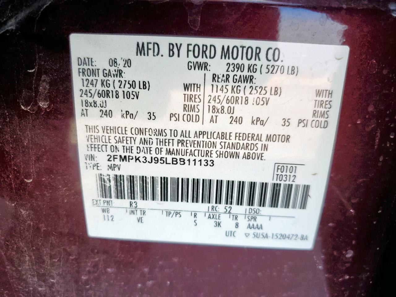2020 Ford Edge Sel VIN: 2FMPK3J95LBB11133 Lot: 84633345