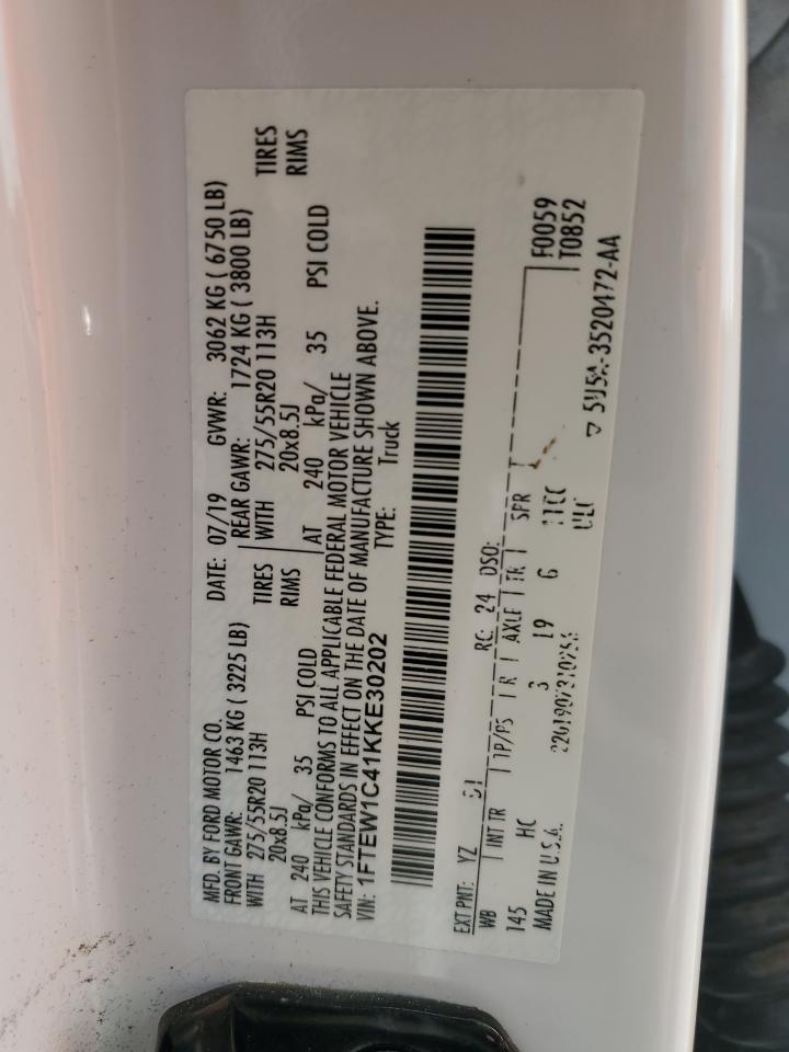 2019 Ford F150 Supercrew VIN: 1FTEW1C41KKE30202 Lot: 69133835