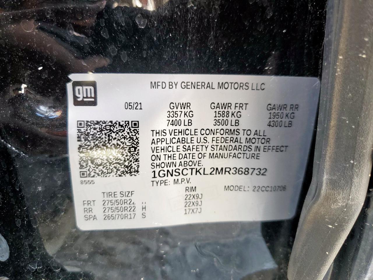 2021 Chevrolet Tahoe C1500 High Country VIN: 1GNSCTKL2MR368732 Lot: 81450495