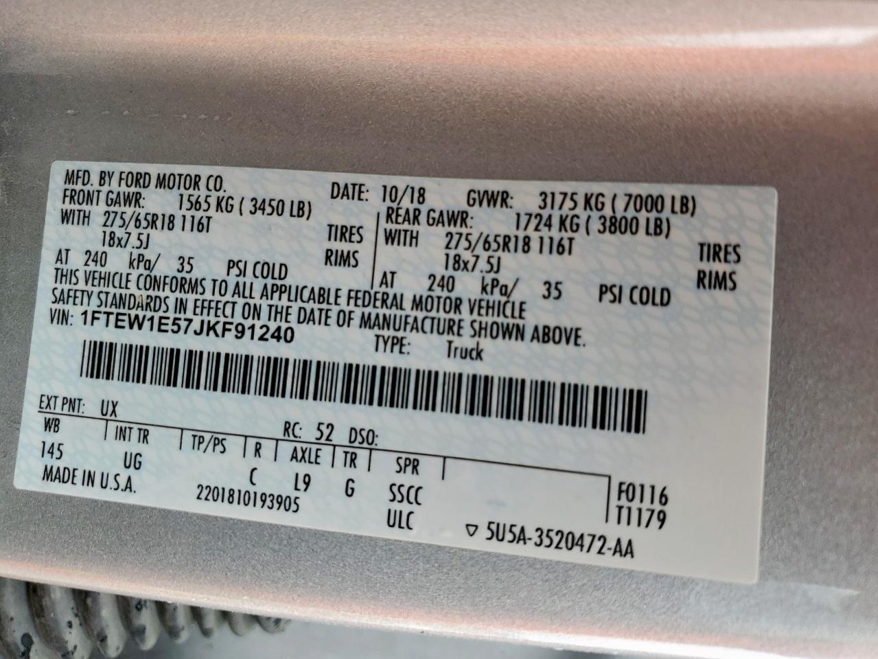 2018 Ford F150 Supercrew VIN: 1FTEW1E57JKF91240 Lot: 83967155