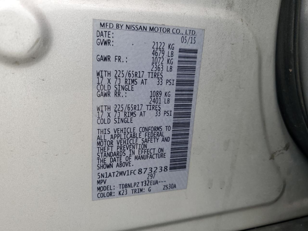 2015 Nissan Rogue S VIN: 5N1AT2MV1FC873238 Lot: 81427795