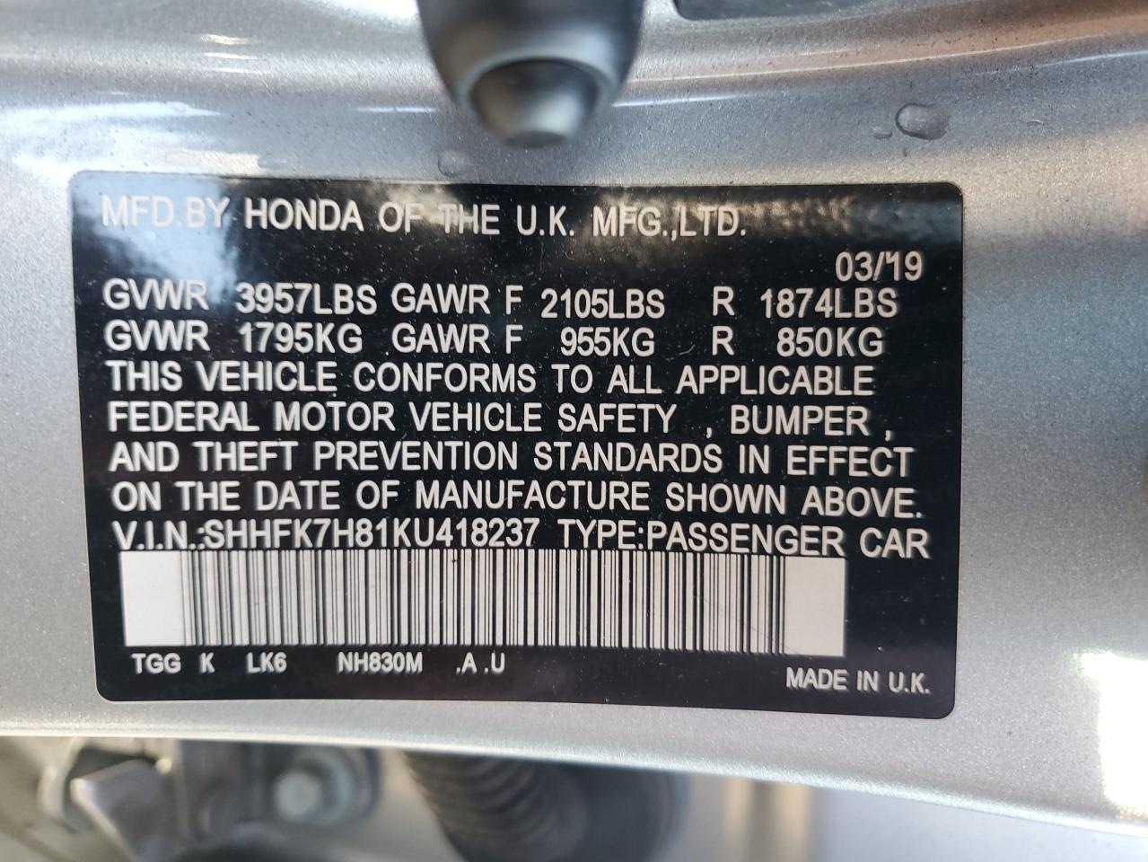 2019 Honda Civic Exl VIN: SHHFK7H81KU418237 Lot: 81386955