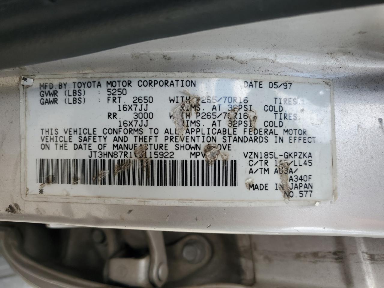 1997 Toyota 4Runner Limited VIN: JT3HN87R1V0115922 Lot: 69778995