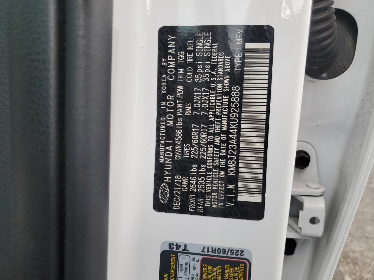 2019 Hyundai Tucson Se VIN: KM8J23A44KU925888 Lot: 71489125