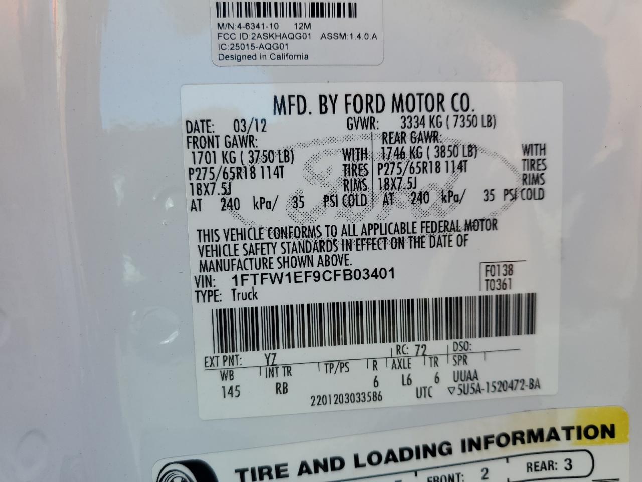 2012 Ford F150 Supercrew VIN: 1FTFW1EF9CFB03401 Lot: 71254945