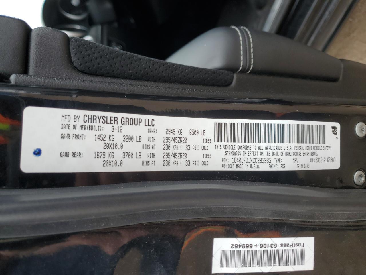 2012 Jeep Grand Cherokee Srt-8 VIN: 1C4RJFDJXCC285335 Lot: 71123015