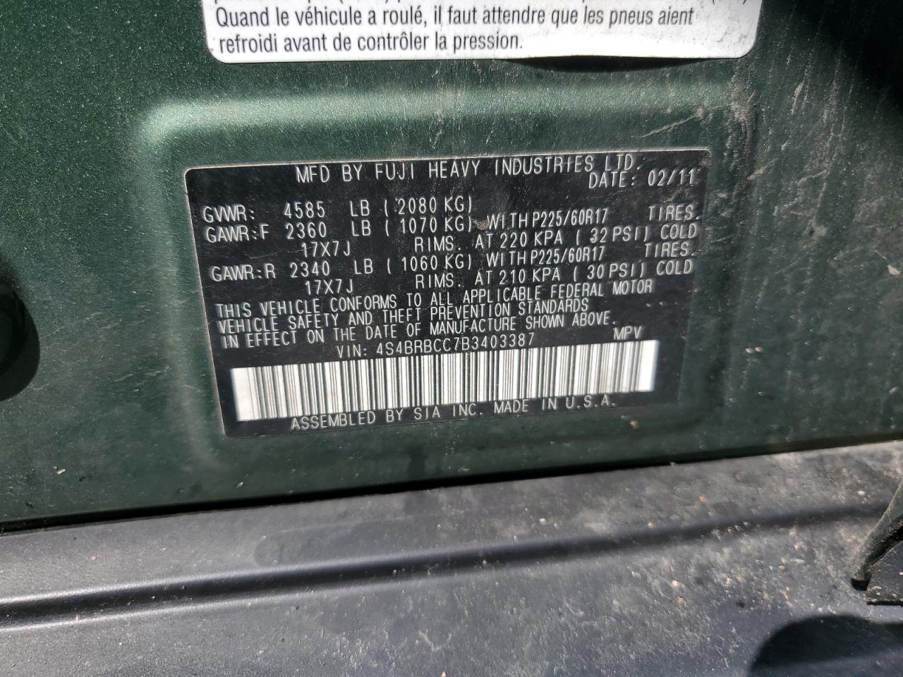 2011 Subaru Outback 2.5I Premium VIN: 4S4BRBCC7B3403387 Lot: 80112435