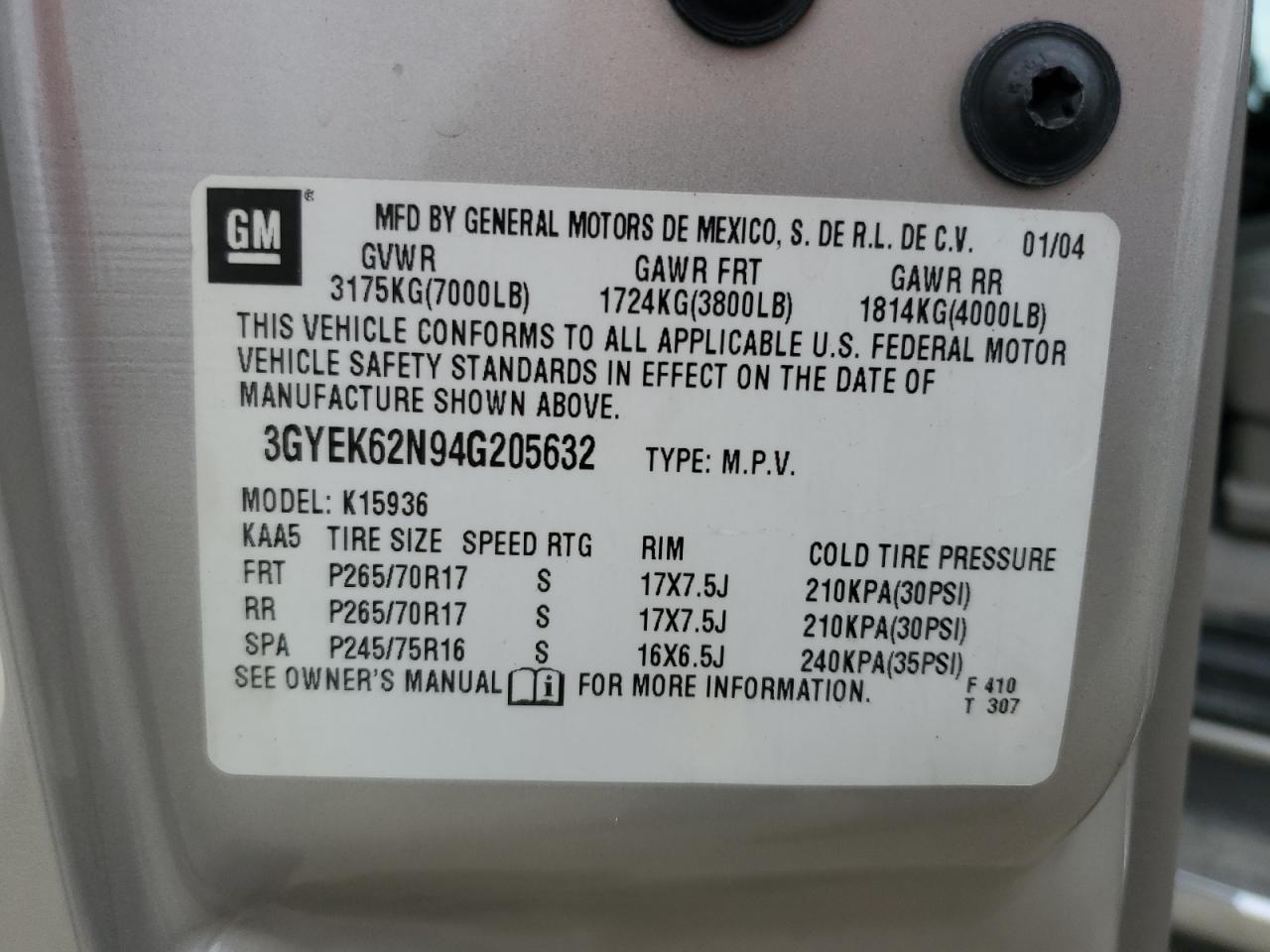 2004 Cadillac Escalade Ext VIN: 3GYEK62N94G205632 Lot: 80814005