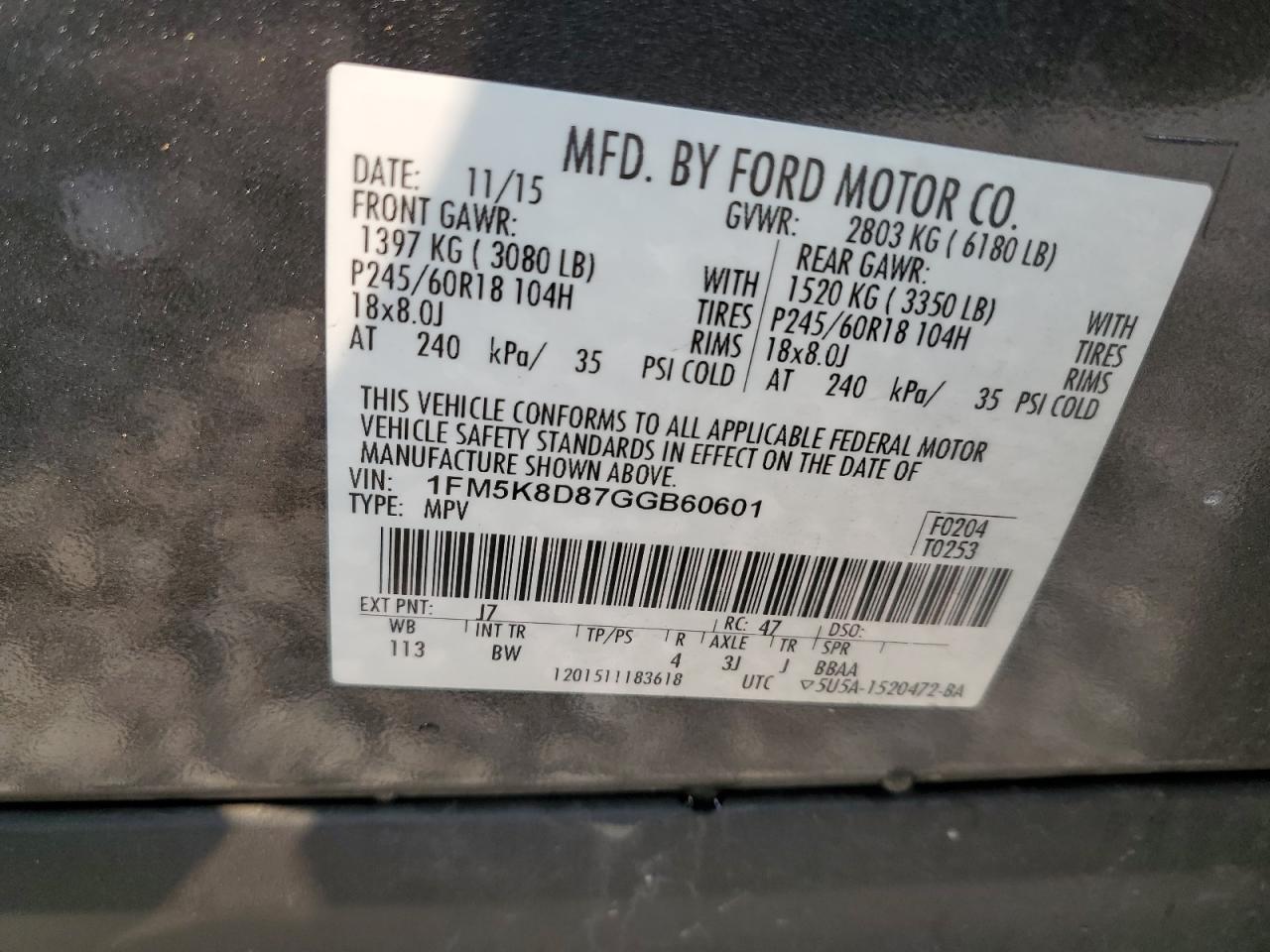 2016 Ford Explorer Xlt VIN: 1FM5K8D87GGB60601 Lot: 71647465